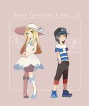  1girl bare_shoulders black_hair black_hat black_pants blonde_hair blue_eyes blue_footwear blue_shirt blush braid brown_background dress english eye_contact flower full_body gift green_eyes hands_in_pockets hands_together hat highres kneehighs lillie_(pokemon) long_hair looking_at_another looking_to_the_side miu_(miuuu_721) pants pigeon-toed poke_ball_theme pokemon pokemon_(game) pokemon_sm rose see-through shirt shoes short_hair short_sleeves simple_background sleeveless sleeveless_dress smile standing striped striped_shirt sun_hat thought_bubble tied_hair twin_braids valentine white_dress white_hat white_legwear you_(pokemon) 