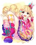  animal_ears argyle argyle_legwear blonde_hair boots bow brown_eyes bunny_ears candy_hair_ornament commentary_request cross-laced_footwear crossed_legs curly_hair detached_sleeves dress eyebrows_visible_through_hair fingerless_gloves food_themed_hair_ornament frilled_dress frills futaba_anzu gloves hair_ornament hairclip hat high_heel_boots high_heels highres idolmaster idolmaster_cinderella_girls idolmaster_cinderella_girls_starlight_stage kneehighs long_hair looking_at_viewer low_twintails mini_hat mismatched_legwear multicolored multicolored_nails nail_polish okeno_kamoku open_mouth pink_dress ribbon sitting sleeveless sleeveless_dress sleeves_past_wrists smile solo striped striped_bow striped_legwear striped_sleeves twintails v 