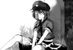  1girl against_rock between_legs breasts closed_mouth collared_shirt commentary_request eyelashes feet_out_of_frame flat_cap grass greyscale hand_between_legs hat jiangshi knees_up legs_apart looking_at_viewer medium_breasts midriff miyako_yoshika monochrome neck_ribbon ofuda popped_collar ribbon scar shirt short_hair short_sleeves sitting skirt solo star stitches tombstone touhou 