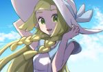  adjusting_clothes adjusting_hat arm_up blonde_hair blue_background blue_sky braid breasts cloud day green_eyes hand_up hat lillie_(pokemon) long_hair miu_(miuuu_721) open_mouth outdoors pokemon pokemon_(game) pokemon_sm sky sleeveless small_breasts smile solo sun_hat tied_hair twin_braids upper_body white_hat 