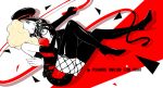  1girl amamiya_ren black_gloves black_hair blonde_hair boots commentary elbow_gloves fishnet_pantyhose fishnets glasses gloves hat highres hug limited_palette looking_at_viewer pantyhose peaked_cap persona persona_5 persona_5:_dancing_star_night persona_dancing short_shorts shorts smile takamaki_anne thigh_boots thighhighs whip yolkyao 