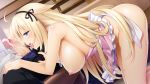  1girl after_fellatio ahoge ai_love:_koisuru_otome_wa_kikai_jikake apron bent_over blonde_hair blue_eyes blush breasts censored cum cum_in_mouth dutch_angle from_side game_cg hair_flaps hairband large_breasts long_hair lux_(ai_love) mosaic_censoring naked_apron nipples open_mouth penis pink_apron profile saeki_hokuto solo_focus tongue tongue_out 