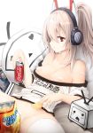  :&lt; ayanami_(azur_lane) azur_lane bag_of_chips bandaid bandaid_on_pussy bandaids_on_nipples bare_shoulders bed_sheet bottomless breasts brown_hair can clothes_writing coca-cola collarbone dakimakura_(object) expressionless food hair_between_eyes headgear headphones heart holding holding_food long_hair looking_at_viewer momin_(momomikan2x) niconico off-shoulder_shirt parted_lips pasties pillow ponytail profile red_eyes shiny shiny_hair shirt sidelocks simple_background small_breasts soda_can solo spread_legs tablet terebi-chan thighhighs white_background white_legwear white_shirt 