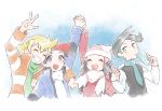  3boys alternate_hair_color arm_around_neck arm_up beanie black_hair black_vest blonde_hair blue_background blue_eyes blue_jacket blue_neckwear blush cellphone closed_eyes coat gradient green_eyes green_hair green_shirt hair_ornament hairclip half-closed_eyes hand_up hands_up happy hat hikari_(pokemon) holding holding_hands jacket jun_(pokemon) kouki_(pokemon) long_hair long_sleeves looking_to_the_side miu_(miuuu_721) multicolored_hair multiple_boys necktie nejiki_(pokemon) open_mouth orange_jacket phone poke_ball_theme pokemon pokemon_(game) pokemon_dppt pokemon_platinum red_coat red_hat scarf shirt simple_background smile striped_jacket teeth two-tone_hair upper_body vest w white_background white_hat white_neckwear white_shirt winter_clothes 