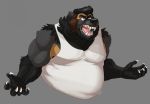  2017 angry areola beard big_muscles big_pecs black_fur brown_fur claws clothed clothing facial_hair fangs fur grey_background half-length_portrait male mammal muscle_shirt musclegut muscular mustelid open_mouth pecs polartoons pompadour portrait rossi_hayes saliva sharp_teeth sideburns simple_background solo teeth wolverine 