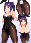  animal_ears artist_name ass bare_shoulders black_legwear black_leotard breasts bunny_ears bunny_girl bunny_tail bunnysuit cleavage closed_mouth commentary_request covered_navel eyebrows_visible_through_hair fake_animal_ears gradient gradient_background highres large_breasts leotard long_hair looking_at_viewer love_live! love_live!_sunshine!! matsuura_kanan nanasumin pantyhose ponytail purple_background purple_eyes purple_hair sidelocks smile solo tail thigh_gap twitter_username 