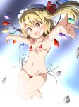 bare_arms bare_shoulders barefoot bikini blonde_hair blue_background commentary_request deego_(omochi_bazooka) eyebrows_visible_through_hair fang flandre_scarlet flat_chest front-tie_bikini front-tie_top full_body hat hat_ribbon highres long_hair looking_at_viewer micro_bikini mob_cap navel open_mouth outstretched_arms red_bikini red_eyes red_ribbon ribbon rock side-tie_bikini side_ponytail slit_pupils smile solo stomach string_bikini swimsuit thigh_gap touhou white_hat 