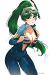  bikini blush bodysuit breasts commentary diving_mask diving_mask_on_head diving_suit fire_emblem fire_emblem:_rekka_no_ken fire_emblem_heroes green_eyes green_hair highres large_breasts long_hair looking_at_viewer lyndis_(fire_emblem) ormille ponytail snorkel swimsuit wetsuit 