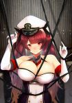  azur_lane bangs bare_shoulders blush breasts cleavage closed_mouth commentary_request covered_navel elbow_gloves eyebrows_visible_through_hair gloves hair_ribbon hands_up hat hayabusa highres honolulu_(azur_lane) large_breasts long_hair looking_at_viewer peaked_cap red_eyes red_hair ribbon signature solo twintails upper_body white_gloves 