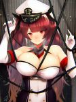  azur_lane bangs bare_shoulders blush breasts cleavage commentary_request elbow_gloves eyebrows_visible_through_hair gloves hair_ribbon hands_up hat hayabusa highres honolulu_(azur_lane) large_breasts long_hair looking_at_viewer peaked_cap red_eyes red_hair ribbon solo twintails upper_body white_gloves 
