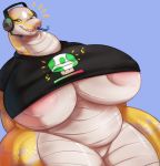  2017 areola belly belly_scales big_belly big_breasts blush breasts clothed clothing countershading digital_media_(artwork) fangs featureless_crotch female forked_tongue hands_behind_back headphones hi_res looking_at_viewer mangoicy mario_bros mature_female mostly_nude mushroom naga nintendo nipples overweight overweight_female page_(snakemom) raised_inner_eyebrows reptile scales scalie shirt simple_background snake solo t-shirt thick_thighs tongue tongue_out under_boob video_games voluptuous wide_hips yellow_scales 
