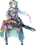  breasts elbow_gloves eyebrows_visible_through_hair full_body gloves green_eyes green_hair gun hair_ornament hairband holding holding_gun holding_weapon looking_at_viewer low_twintails nagashino_(oshiro_project) official_art oshiro_project oshiro_project_re sho_(runatic_moon) single_glove sleeveless small_breasts standing transparent_background twintails weapon yellow_hairband 
