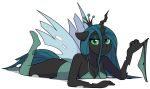  2017 absurd_res anthro bedroom_eyes black_skin breasts changeling clothed clothing crown dress equine eyeshadow fangs female friendship_is_magic furrgroup_(artist) green_eyes green_tail hair half-closed_eyes hi_res hole_(anatomy) horn insect_wings legwear long_hair looking_at_viewer lying makeup mammal my_little_pony panties partial_nudity queen_chrysalis_(mlp) seductive simple_background smile solo stockings teal_hair underwear white_background wings 