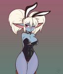  2018 anthro big_breasts blush breasts bunny_costume cleavage clothed clothing costume digital_drawing_(artwork) digital_media_(artwork) female hair hi_res league_of_legends open_mouth poppy_(lol) purple_eyes riot_games scorpdk short_stack simple_background solo video_games yordle 