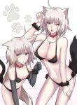  ahoge animal_ears arm_up bangs bare_arms bare_shoulders belt_collar bikini black_bikini black_gloves blush breasts cat_ears cat_tail chromatic_aberration cleavage closed_mouth collarbone commentary dog_tail elbow_gloves eyebrows_visible_through_hair fate/grand_order fate_(series) fur_trim gloves groin hair_between_eyes halterneck hand_up highres jeanne_d'arc_(alter)_(fate) jeanne_d'arc_(fate)_(all) jeanne_d'arc_alter_santa_lily jewelry kemonomimi_mode large_breasts leaning_forward long_hair looking_at_viewer medium_hair multiple_girls navel necklace open_mouth pale_skin paw_pose paw_print red_collar shiguru shiny shiny_hair shiny_skin silver_hair slit_pupils small_breasts standing stomach swimsuit tail tsurime v-shaped_eyebrows very_long_hair white_background wrist_cuffs yellow_eyes 