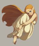  barefoot blonde_hair blue_eyes blush bracelet dress floating full_body highres jewelry knees_up leg_hug long_hair looking_at_viewer necklace pink_lips plantar_flexion pointy_ears princess_zelda simple_background sketch smile solo teeth the_legend_of_zelda the_legend_of_zelda:_breath_of_the_wild thick_eyebrows toes white_dress wind zambiie 