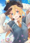  :d artist_name bangs blonde_hair blue_eyes blue_sky blue_vest blurry blurry_background blush brown_gloves character_name cloud collared_shirt commentary day depth_of_field eyebrows_visible_through_hair glint gloves hair_between_eyes hand_on_headwear highres light_rays long_hair long_sleeves looking_at_viewer mailman necktie open_mouth outdoors petals round_teeth salute shirt signature sky smile solo star tareme teeth uniform upper_body vest violet_evergarden violet_evergarden_(character) white_shirt wing_collar xhunzei yellow_neckwear 