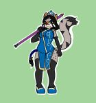  2016 anthro biped black_fur black_hair black_markings blue_clothing blue_footwear breasts clothed clothing dirtyscoundrel feline female footwear fur green_background green_eyes grey_ears grey_fur hair hi_res holding_object holding_weapon mammal markings melee_weapon multicolored_fur polearm red_nose simple_background solo spear weapon 