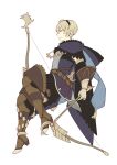 ai-wa arrow blonde_hair boots bow_(weapon) cloak fire_emblem fire_emblem_if gloves green_eyes highres holding holding_bow_(weapon) holding_weapon jewelry left-handed leon_(fire_emblem_if) male_focus necklace quiver simple_background solo weapon white_background 