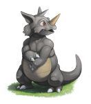  claws commentary commission creature deviantart_username fangs gen_1_pokemon grass horn looking_away looking_to_the_side no_humans pokemon pokemon_(creature) profile rhydon signature simple_background smile solo standing twarda8 white_background 