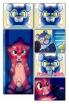  2018 anthro blush caught comic digital_drawing_(artwork) digital_media_(artwork) embarrassed english_text erection exhibitionism fangs feline fur kory_(sunnyhoneybone) locker male male/male mammal onomatopoeia open_mouth pink_fur precum saber-toothed_cat sabertooth_(feature) simple_background sound_effects sunnyhoneybone text tiger 