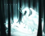  2016 ambiguous_gender antlers digital_media_(artwork) dragon feathered_dragon feathered_wings feathers feral forest frygia horn solo tree white_feathers wings 