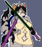  2016 anthro biped black_hair black_markings blue_background breasts brown_nose clothed clothing colored_sketch dirtyscoundrel feline female fur green_eyes grey_ears grey_fur grey_tail hair holding_object holding_weapon looking_at_viewer mammal markings melee_weapon multicolored_fur simple_background sketch solo topwear weapon yellow_clothing yellow_topwear 