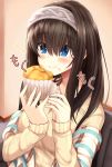  :t bangs blush breasts brown_hair closed_mouth couch eating eyebrows_visible_through_hair food food_in_mouth hair_between_eyes hairband highres idolmaster idolmaster_cinderella_girls indoors long_hair long_sleeves medium_breasts muffin necktie oga_raito on_couch sagisawa_fumika shawl smile solo sparkle straight_hair sweater translation_request upper_body yellow_sweater 