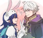  1girl animal_ears blue_eyes blue_hair bunny_ears bunnysuit couple egg fire_emblem fire_emblem:_kakusei fire_emblem_heroes hoshigaki_(hsa16g) long_hair lucina male_my_unit_(fire_emblem:_kakusei) mamkute my_unit_(fire_emblem:_kakusei) tiara 