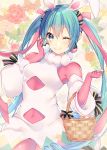  animal_ears basket blue_eyes blue_hair bunny_ears commentary cosplay covered_navel earrings easter easter_bunny easter_bunny_(cosplay) easter_egg easter_miku egg hair_between_eyes hatsune_miku jewelry long_hair looking_at_viewer one_eye_closed shiomizu_(swat) smile solo twintails very_long_hair vocaloid 