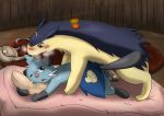  2017 ambiguous_gender bag blue_eyes blue_fur blush brown_fur dewott duo feral fur inside nintendo one_eye_closed open_mouth paws pillow pink_nose pok&eacute;mon pok&eacute;mon_(species) red_eyes risenpaw romantic_couple scar typhlosion video_games wood 