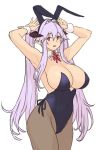  animal_ears armpits arms_up bangs bare_shoulders bow bowtie breasts brooch bunny_ears bunny_pose bunnysuit cleavage covered_navel cowboy_shot detached_collar eyebrows_visible_through_hair fake_animal_ears flat_color from_side grey_legwear hair_between_eyes hair_intakes hairband highleg highleg_leotard horns houtengeki jewelry large_breasts lavender_hair leotard long_hair looking_at_viewer original pantyhose parted_lips pointy_ears purple_eyes purple_hair side-tie_leotard sideboob sidelocks sideways_glance simple_background solo standing straight_hair strapless strapless_leotard thighs twintails very_long_hair white_background wrist_cuffs 
