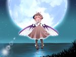  boots brown_dress commentary_request cross-laced_footwear dress foot_wings full_moon hammer_(sunset_beach) hat mob_cap moon mystia_lorelei open pink_eyes pink_hair short_hair solo touhou water wings 