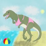  ball beach beach_ball bikini breasts busty_feral clothed clothed_feral clothing dinosaur eyelashes female feral hi_res lipstick makeup open_mouth outside pelvic_boot seaside sharp_teeth slit_pupils solo swimsuit teeth theropod tongue tongue_out tyrannosaurus_rex unknown_artist 