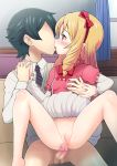  1boy 1girl blonde_hair blush bow breasts censored curtains drill_hair erection eromanga_sensei eyebrows_visible_through_hair faceless faceless_male hair_bow hand_holding hetero interlocked_fingers izumi_matsumune kiss long_hair mosaic_censoring necktie no_panties penis pointless_censoring pointy_ears profile pussy qm red_bow saliva shirt short_hair sitting skirt skirt_lift small_breasts spread_legs striped striped_necktie sweat testicles textless tongue tongue_out twin_drills window yamada_elf 