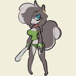  2018 3_toes 4_fingers anthro black_fur blue_eyes breasts choker cleavage clothed clothing club_(disambiguation) ear_piercing female fingerless_gloves fur gloves hair hair_over_eye half-closed_eyes itsunknownanon long_hair long_tail looking_at_viewer mammal midriff navel piercing shirt shorts simple_background skunk solo standing tank_top toes white_background 