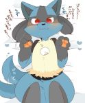  &lt;3 bed blush cute hyaku1063 japanese_text looking_at_viewer lucario lying nintendo pawpads pok&eacute;mon pok&eacute;mon_(species) solo suggestive tailwag text translation_request video_games 
