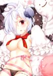  animal_ears azur_lane bangs bed_sheet black_panties blush bolt bow bowtie breasts cat_ears chihiro_(khorosho) cleavage detached_sleeves frilled_pillow frills groin hair_over_one_eye large_breasts long_sleeves looking_at_viewer lying messy_hair navel on_back panties parted_lips pillow polka_dot polka_dot_pillow red_eyes red_neckwear side-tie_panties sleeves_past_fingers sleeves_past_wrists solo tears terror_(azur_lane) underwear white_hair 