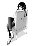  1girl chair high_heels leggings legs_crossed long_hair monochrome sitting smile 