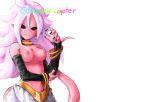  2018 alien android_21 areola arm_warmers armwear black_nails black_sclera bracelet breasts clothed clothing colored_nails dragon_ball dragon_ball_fighterz ear_piercing english_text female hair hi_res humanoid jewelry long_hair looking_at_viewer majin majin_android_21 necklace nipples not_furry pants piercing pink_skin pink_tail pointy_ears red_eyes simple_background smile snoozincopter solo standing text white_background white_hair 