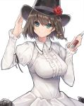  1girl assassin_(lostbelt) black_hat braid breasts brown_hair closed_mouth commentary_request fate/grand_order fate_(series) green_eyes hat knife long_sleeves medium_breasts short_hair simple_background single_braid smile solo white_background 