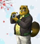  2012 anthro brown_fur camera canine clothing eyewear fur glasses kounosuke_(morenatsu) male mammal morenatsu overweight overweight_male pants shirt solo tanuki ぽげ印 