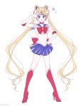  bangs bishoujo_senshi_sailor_moon blue_eyes blue_skirt boots bow brooch buruburu18 choker closed_mouth double_bun elbow_gloves full_body gloves hair_ornament hairclip high_heel_boots high_heels highres jewelry knee_boots long_hair parted_bangs pleated_skirt red_bow red_choker red_footwear sailor_moon sailor_senshi_uniform skirt solo standing star tsukino_usagi twintails v very_long_hair white_background white_gloves 
