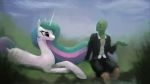  :&lt; ?_face anon clothed clothing crossed_legs dock duo equine eyelashes feathered_wings feathers female feral friendship_is_magic green_skin hair horn human long_hair lying male mammal multicolored_hair my_little_pony on_front outside princess_celestia_(mlp) remi721 sitting suit white_skin winged_unicorn wings 