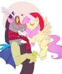  &lt;3 antlers blue_feathers blush clothing cutie_mark discord_(mlp) draconequus duo equine eyebrows eyes_closed facial_hair fangs feathered_wings feathers female feral fluttershy_(mlp) flying friendship_is_magic goatee hair hat hooves horn imminent_kiss male mammal metalmane my_little_pony pegasus pink_hair red_eyes scarf simple_background spread_wings wings yellow_feathers yellow_sclera 