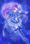  :d aizen_(syoshiyuki) blue blue_background blue_footwear blue_neckwear blue_skirt boots choker cure_beat frilled_skirt frills full_body g-clef_(suite_precure) hair_ornament highres kurokawa_eren long_hair looking_at_viewer love_guitar_rod magical_girl open_mouth ponytail precure purple_hair seiren_(suite_precure) skirt smile solo suite_precure thigh_boots thighhighs wrist_cuffs yellow_eyes 