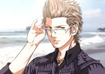  adjusting_eyewear brown_hair final_fantasy final_fantasy_xv glasses green_eyes hair_up highres ignis_scientia jewelry looking_at_viewer male_focus nae_(mzxt3557) necklace solo 