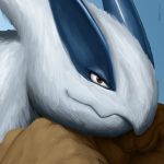  2018 3k absurd_res anthro blue_sky brown_eyes clothing fan_character feathers gloves hi_res leather legendary_pok&eacute;mon lugia male nintendo painting pok&eacute;mon pok&eacute;mon_(species) portrait simple_background sky smile square tj_loog tjloog video_games white_feathers 
