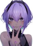  bangs bare_shoulders black_hairband daimaou_ruaeru dark_skin eyebrows_visible_through_hair fate/prototype fate/prototype:_fragments_of_blue_and_silver fate_(series) hairband hassan_of_serenity_(fate) highres lips looking_at_viewer nail_polish own_hands_together purple_eyes purple_hair purple_nails shiny shiny_hair short_hair simple_background sleeveless solo upper_body v white_background 