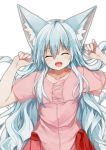  :d animal_ears blue_hair closed_eyes commentary_request eyebrows_visible_through_hair facing_viewer fingernails fox_ears fox_girl grey_hair hands_up highres long_hair open_mouth original pink_shirt red_skirt shirt silver_hair simple_background skirt smile solo upper_body waichi white_background 